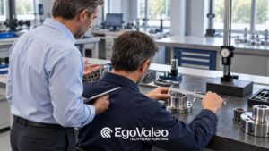 Responsabile Qualità e Collaudo affianca un tecnico durante la verifica dimensionale di un componente meccanico.