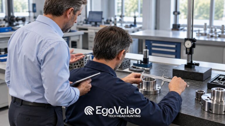 Responsabile Qualità e Collaudo affianca un tecnico durante la verifica dimensionale di un componente meccanico.
